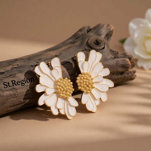 White Enamel & 18K Gold-Plated Mum Stud Earrings