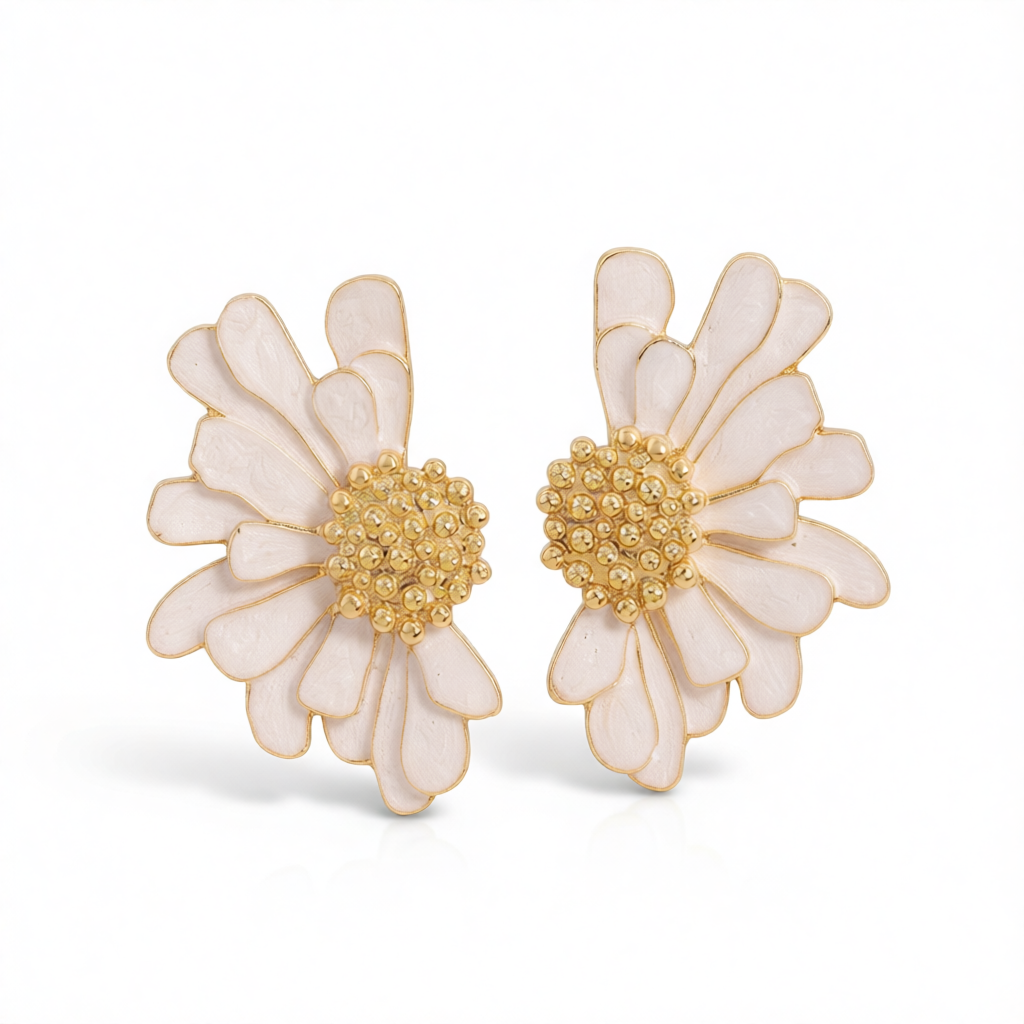 White Enamel & 18K Gold-Plated Mum Stud Earrings