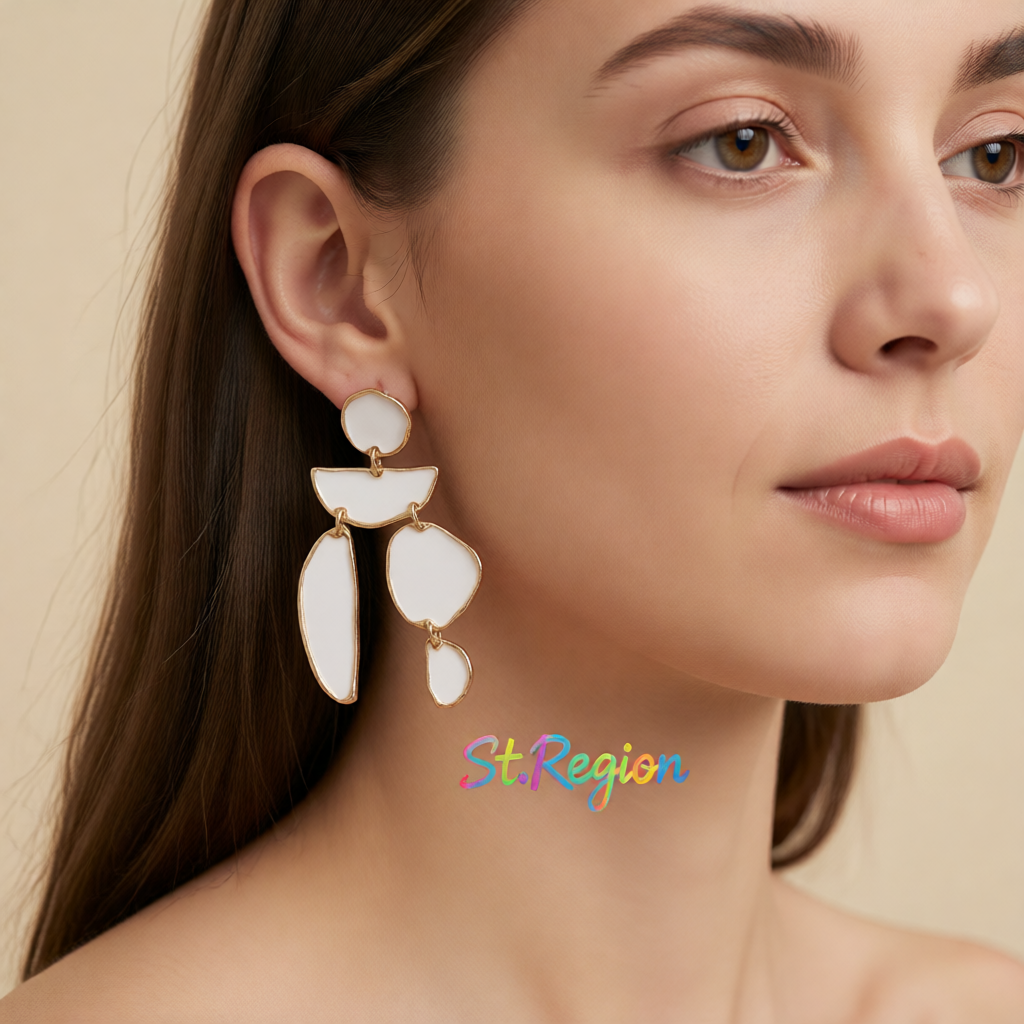 White Enamel & 18K Gold-Plated Geometric Drop Earrings