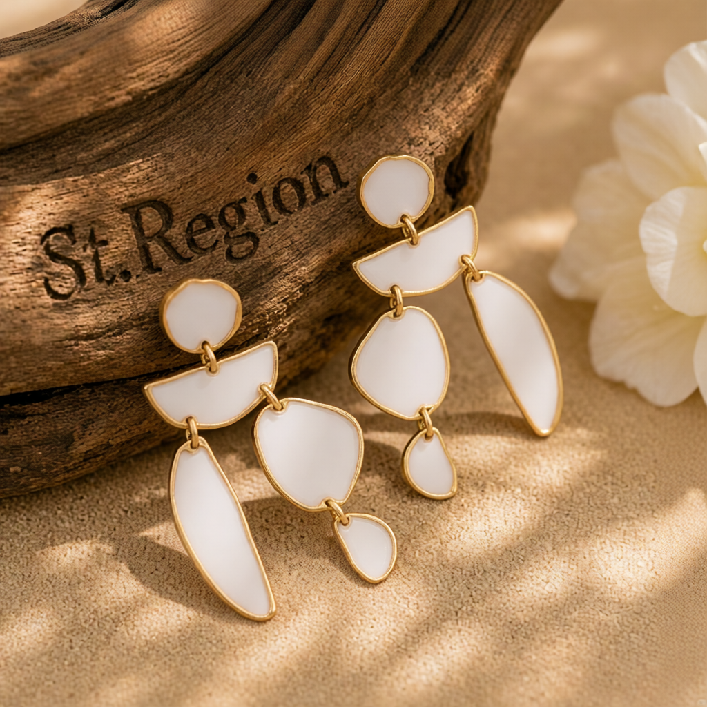White Enamel & 18K Gold-Plated Geometric Drop Earrings