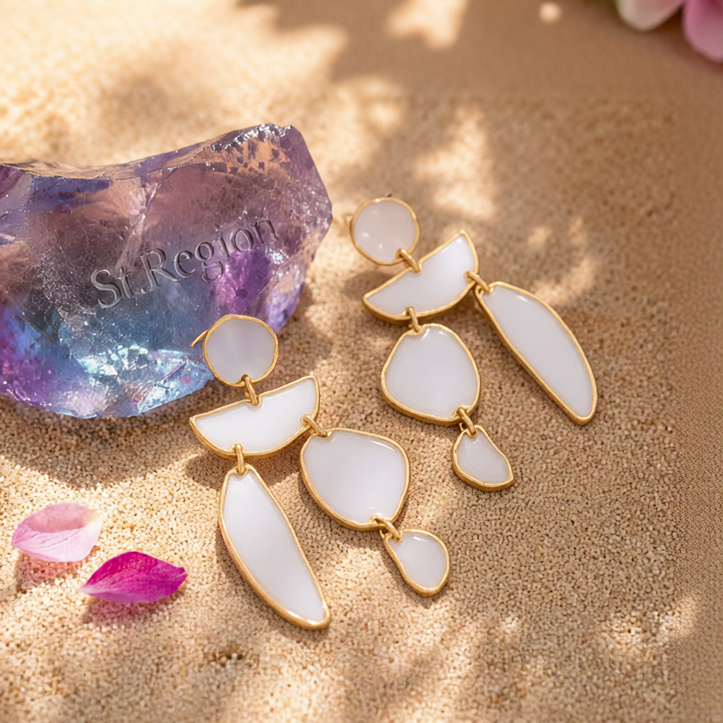 White Enamel & 18K Gold-Plated Geometric Drop Earrings