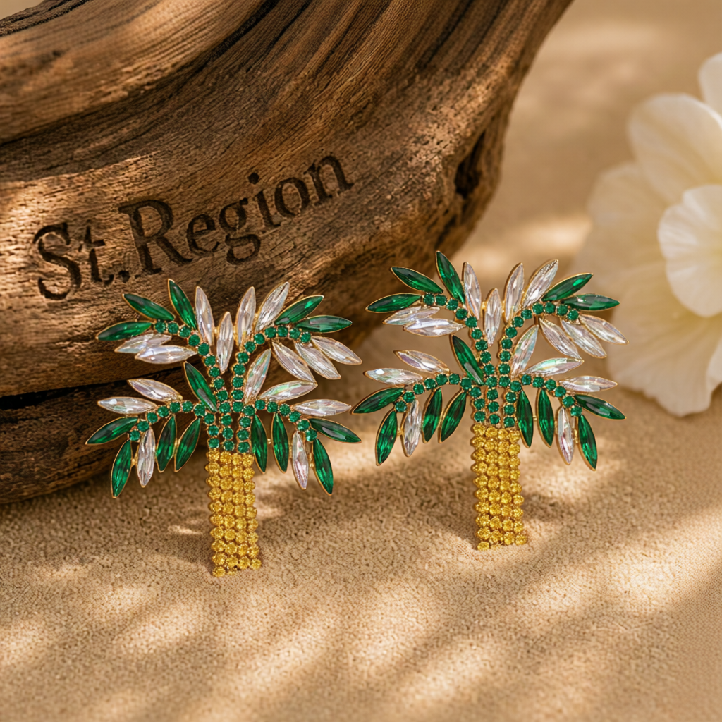 Green Crystal & Cubic Zirconia Coconut Palm Stud Earrings