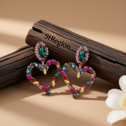 Crystal and Cubic Zirconia 18K Gold-Plated Heart Drop Earrings, gold drop earrings for women, botanical inspired, front view