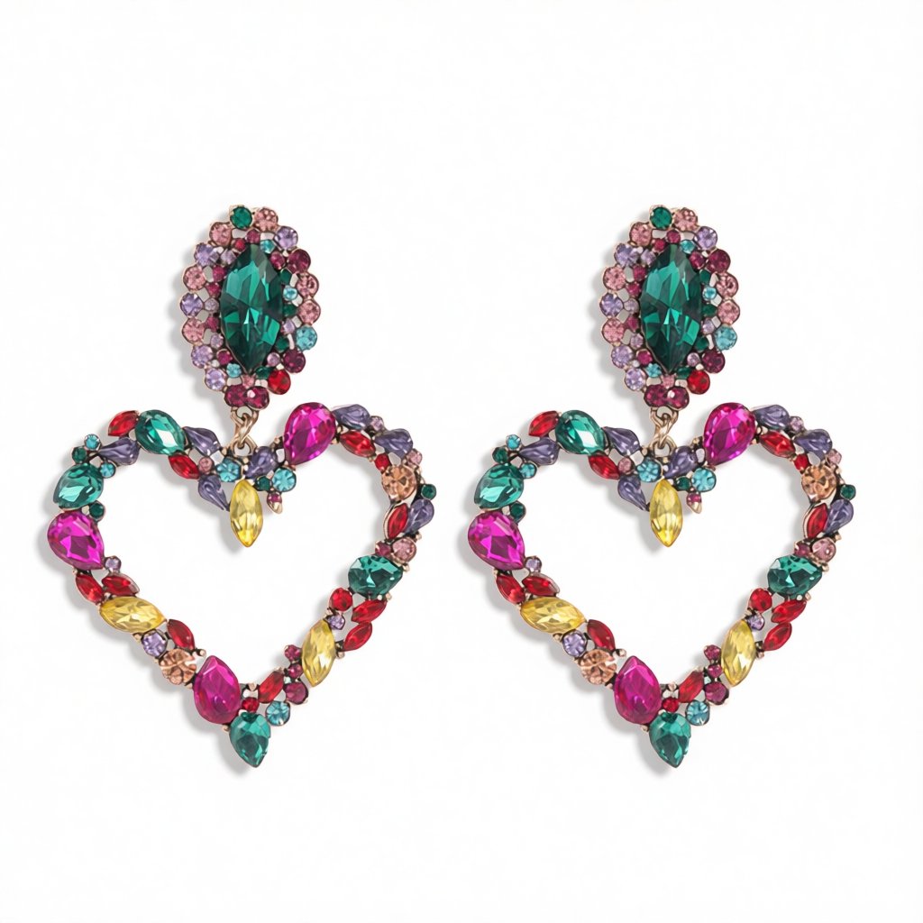 Crystal and Cubic Zirconia 18K Gold-Plated Heart Drop Earrings, gold drop earrings for women, botanical inspired, side view