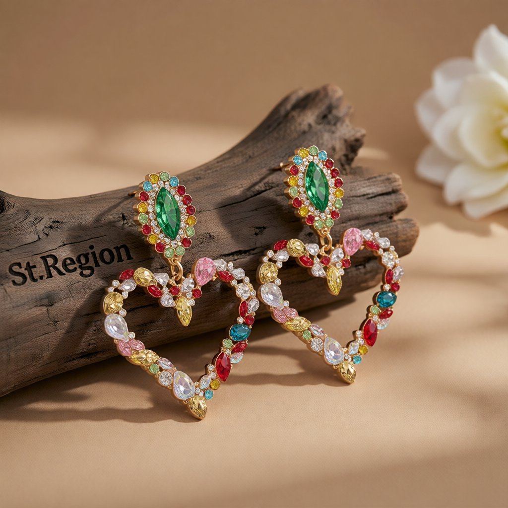 Colored Crystal and Cubic Zirconia 18K Gold-Plated Open Heart Drop Earrings, gold drop earrings for women, front view
