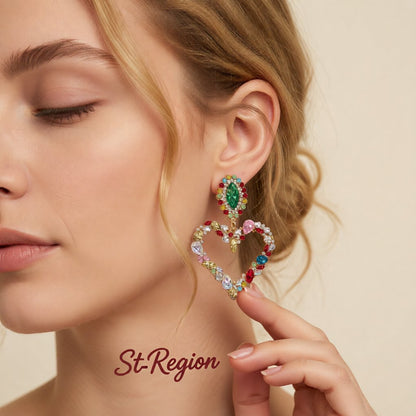 Colored Crystal and Cubic Zirconia 18K Gold-Plated Open Heart Drop Earrings, gold drop earrings for women, styled look
