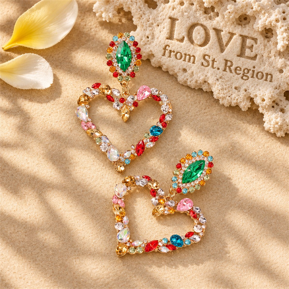 Colored Crystal and Cubic Zirconia 18K Gold-Plated Open Heart Drop Earrings, gold drop earrings for women, lifestyle look