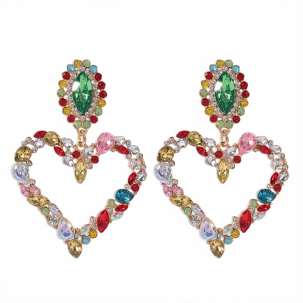 Colored Crystal and Cubic Zirconia 18K Gold-Plated Open Heart Drop Earrings, gold drop earrings for women, side view