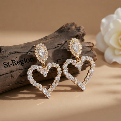 Clear Crystal and Cubic Zirconia 18K Gold-Plated Heart Drop Earrings, gold drop earrings for women, front view