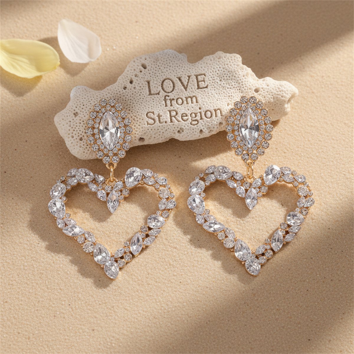 Clear Crystal and Cubic Zirconia 18K Gold-Plated Heart Drop Earrings, gold drop earrings for women, lifestyle look