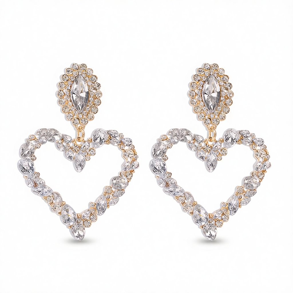 Clear Crystal and Cubic Zirconia 18K Gold-Plated Heart Drop Earrings, gold drop earrings for women, side view