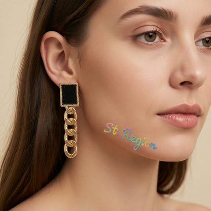 Black Enamel & 18K Gold-Plated Square Chain Drop Earrings