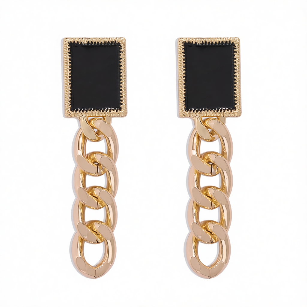 Black Enamel & 18K Gold-Plated Square Chain Drop Earrings