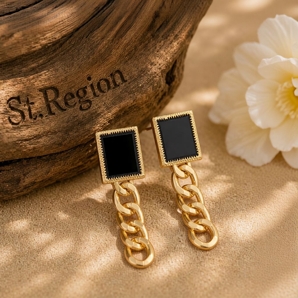 Black Enamel & 18K Gold-Plated Square Chain Drop Earrings