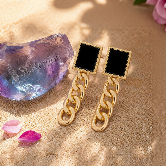 Black Enamel & 18K Gold-Plated Square Chain Drop Earrings