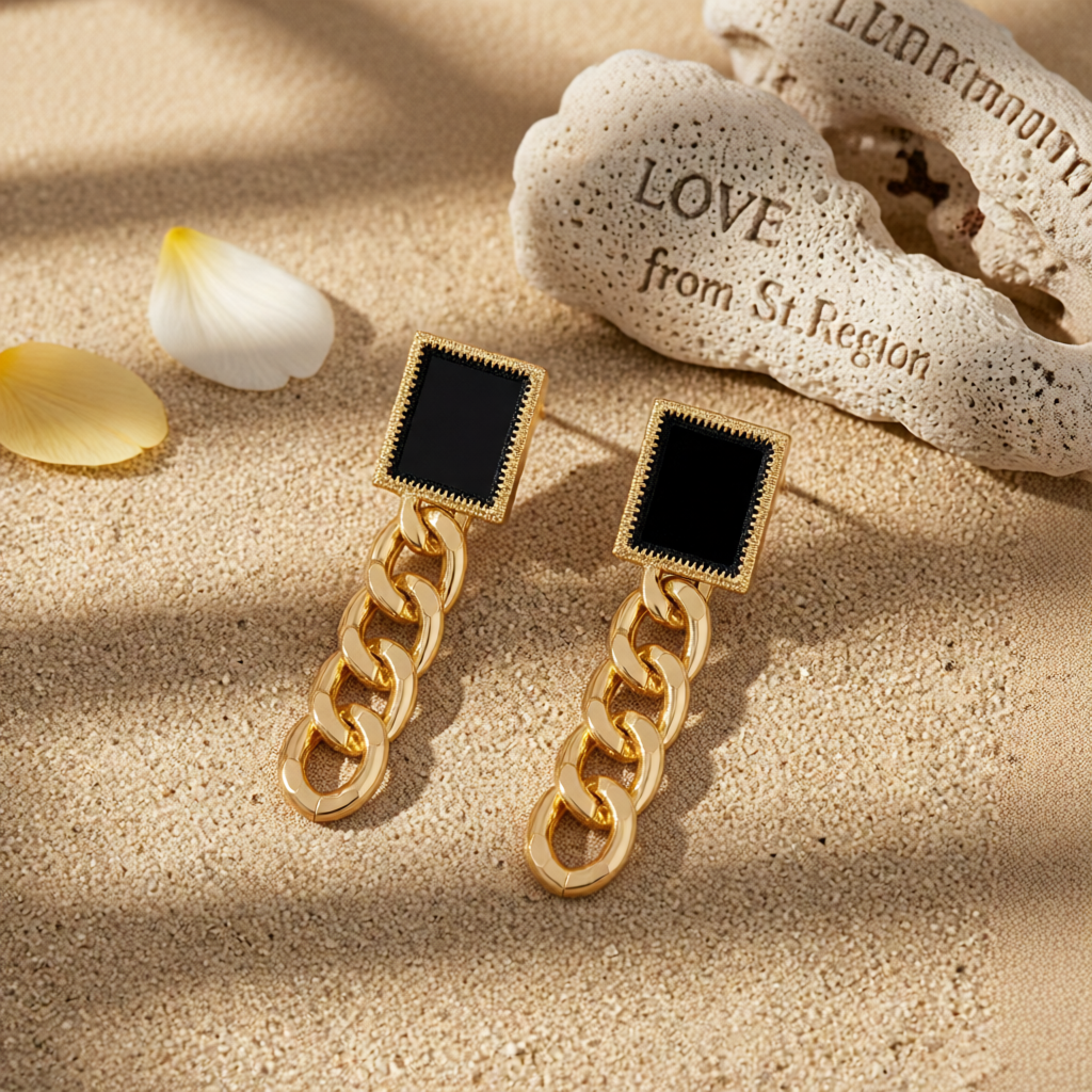 Black Enamel & 18K Gold-Plated Square Chain Drop Earrings