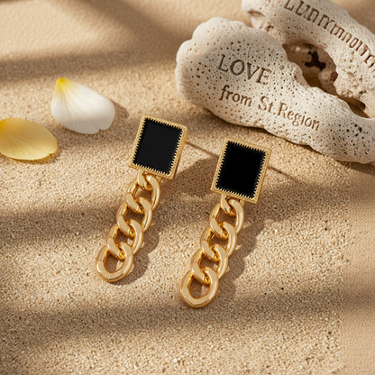Black Enamel & 18K Gold-Plated Square Chain Drop Earrings
