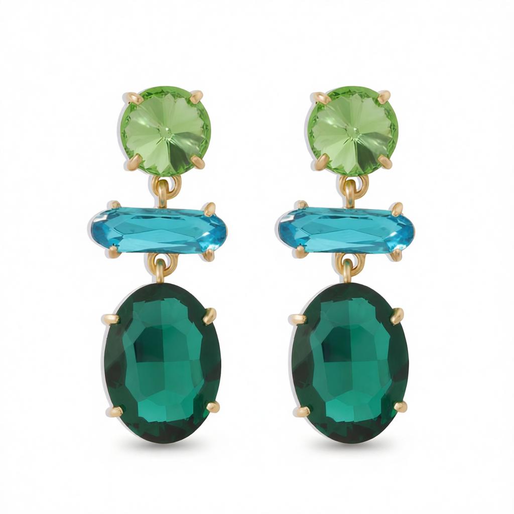 Green Crystal and 18K Gold-Plated Geo Drop Earrings, gold drop earrings for women, botanical inspired, side view