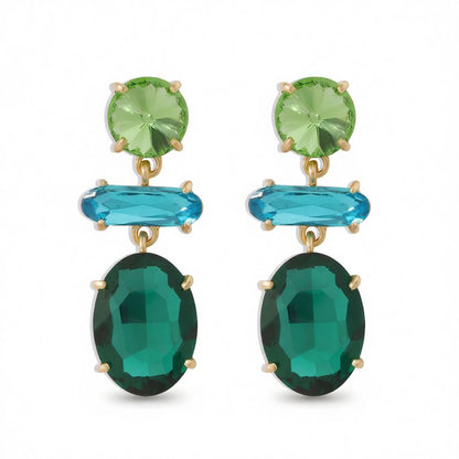 Green Crystal and 18K Gold-Plated Geo Drop Earrings, gold drop earrings for women, botanical inspired, side view