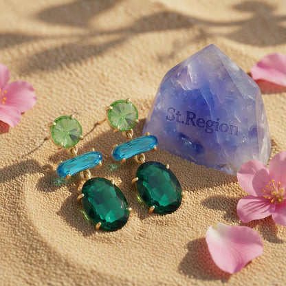 Green Crystal and 18K Gold-Plated Geo Drop Earrings, gold drop earrings for women, botanical inspired, detail close-up