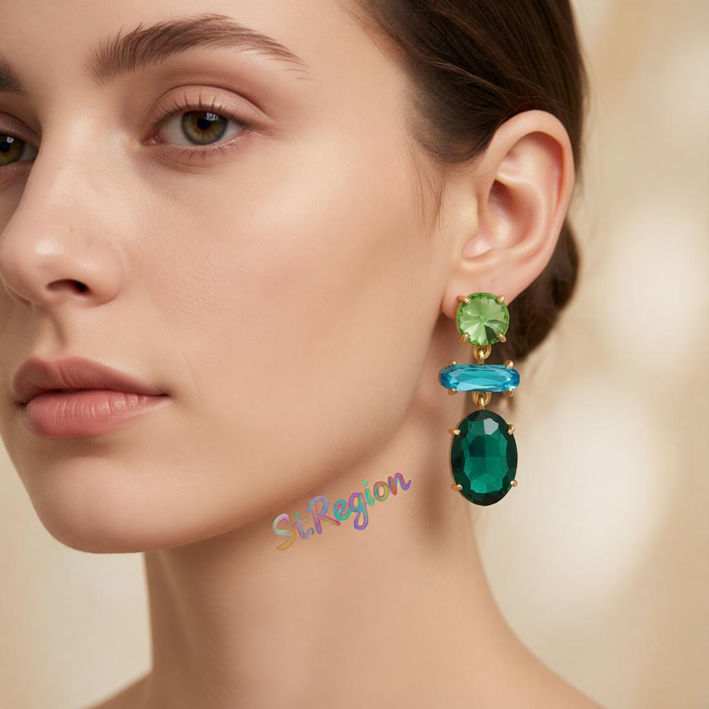Green Crystal and 18K Gold-Plated Geo Drop Earrings, gold drop earrings for women, botanical inspired, styled look