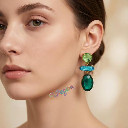 Green Crystal and 18K Gold-Plated Geo Drop Earrings, gold drop earrings for women, botanical inspired, styled look