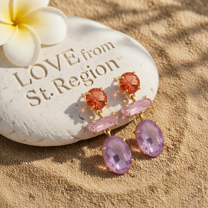 Purple Crystal and 18K Gold-Plated Drop Earrings, gold drop earrings for women, vintage-inspired design, lifestyle look