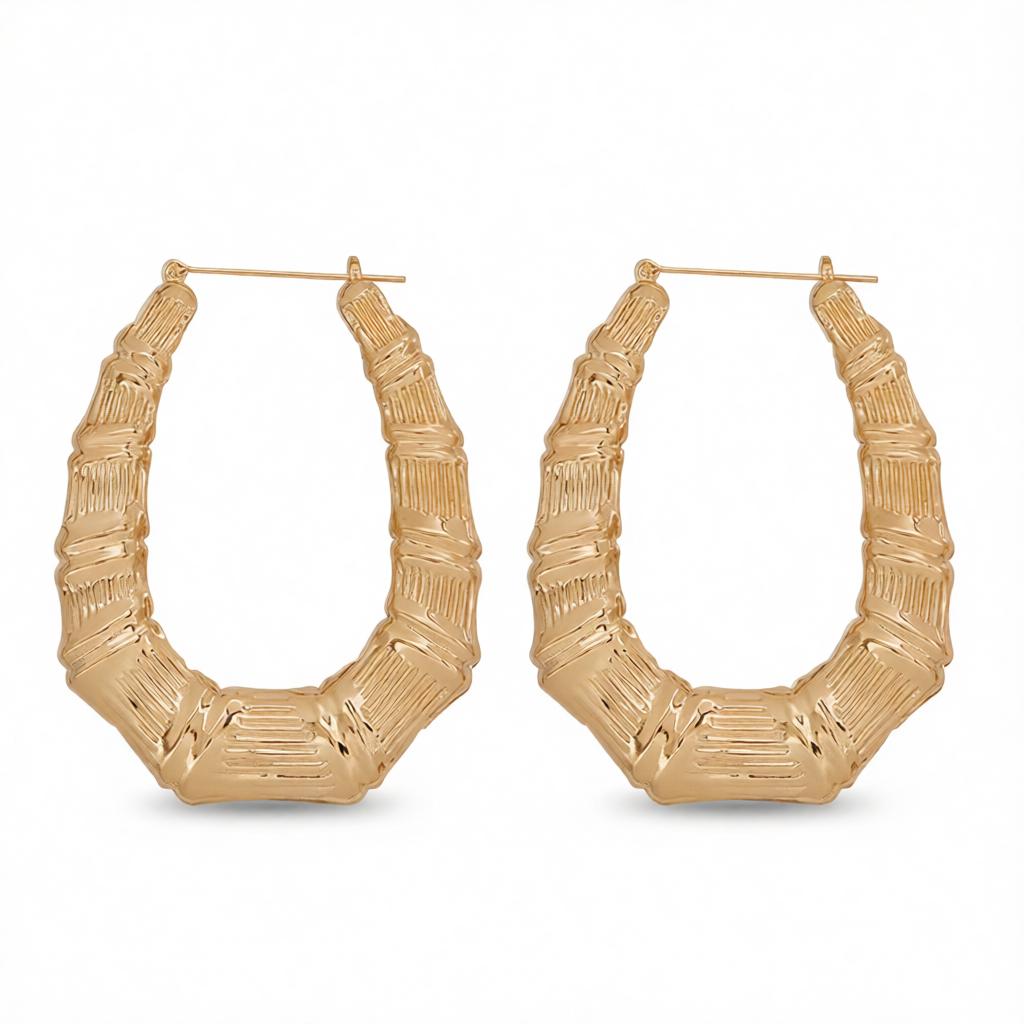 18K Gold-Plated Oval Bamboo Huggie Earrings, gold huggie earrings, botanical inspired, side view
