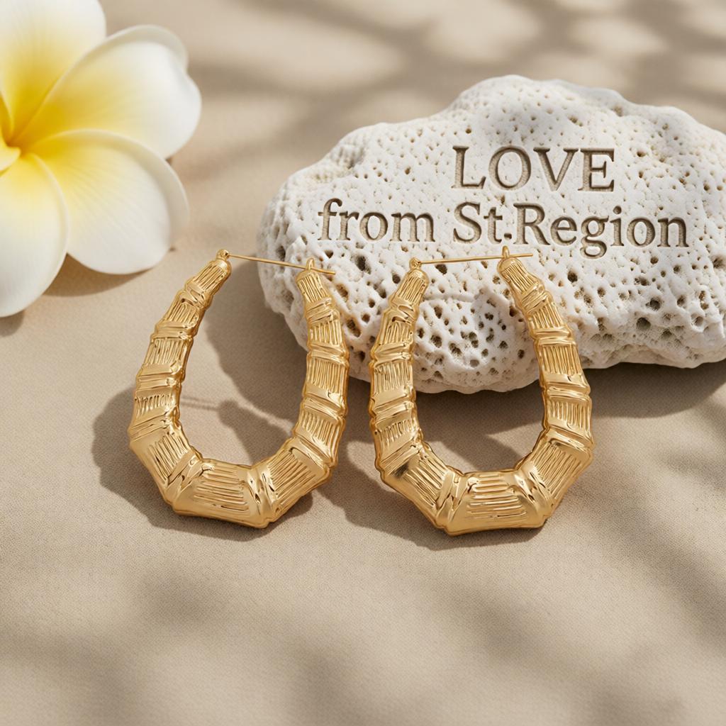18K Gold-Plated Oval Bamboo Huggie Earrings, gold huggie earrings, botanical inspired, lifestyle look