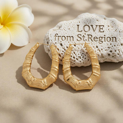 18K Gold-Plated Oval Bamboo Huggie Earrings, gold huggie earrings, botanical inspired, lifestyle look