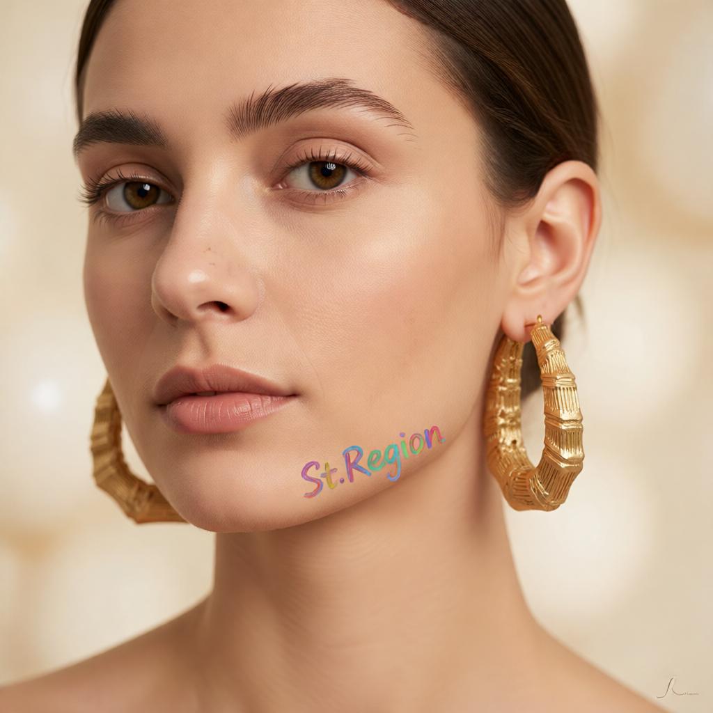 18K Gold-Plated Oval Bamboo Huggie Earrings, gold huggie earrings, botanical inspired, styled look