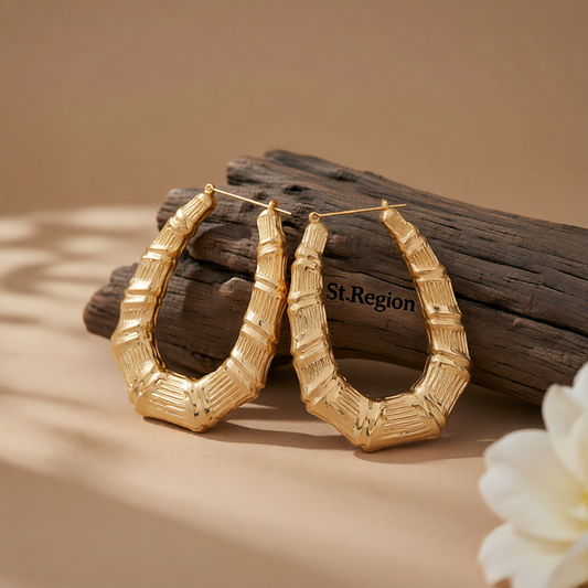 18K Gold-Plated Oval Bamboo Huggie Earrings