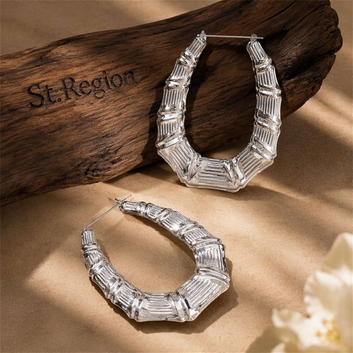 Silver-Plated Oval Bamboo Huggie Earrings, silver huggie earrings, botanical inspired, front view