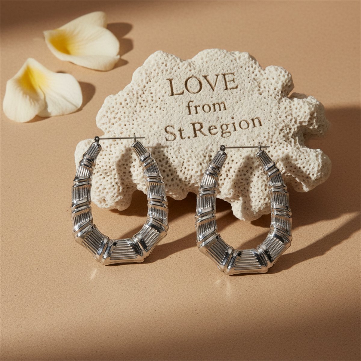 Silver-Plated Oval Bamboo Huggie Earrings, silver huggie earrings, botanical inspired, lifestyle look