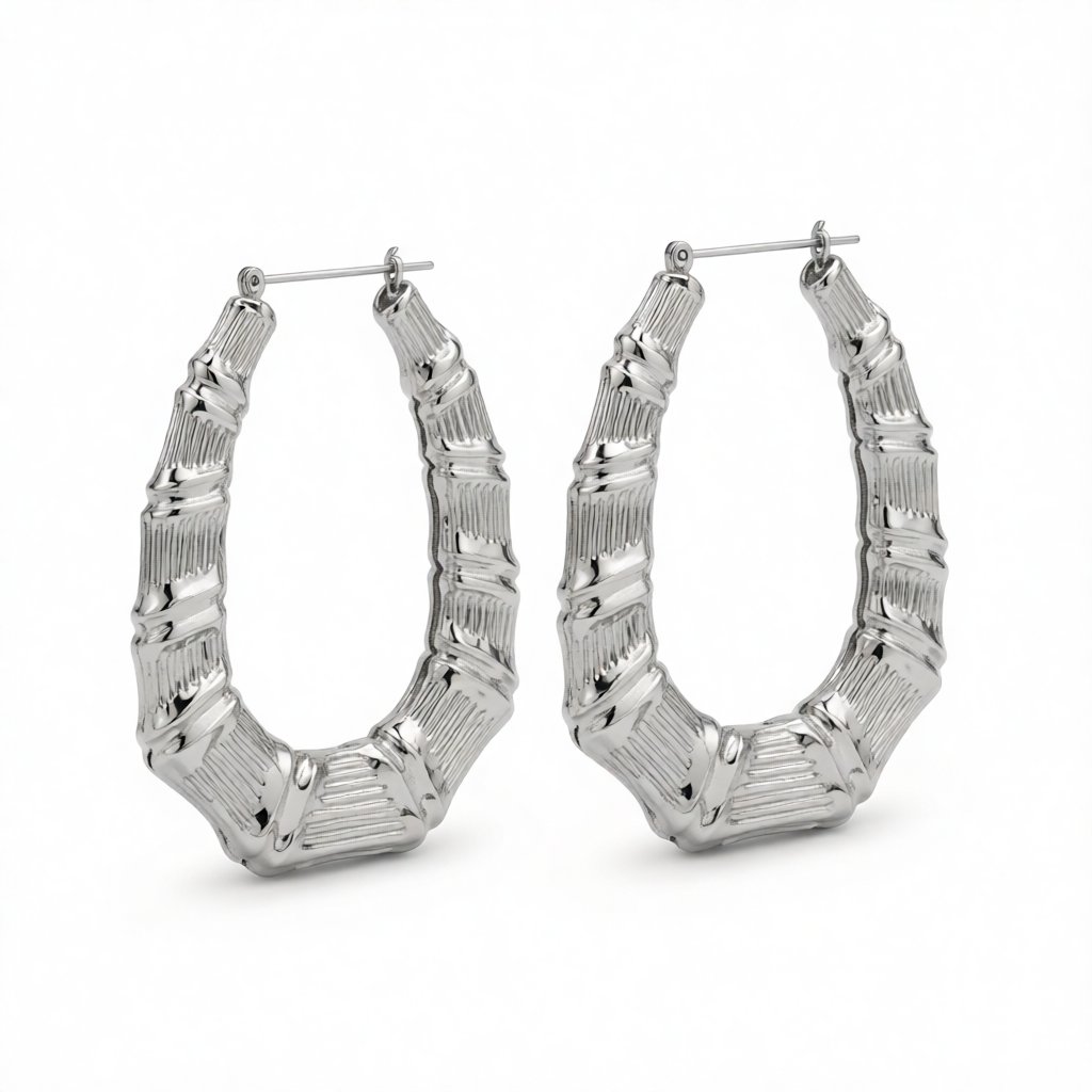 Silver-Plated Oval Bamboo Huggie Earrings, silver huggie earrings, botanical inspired, side view