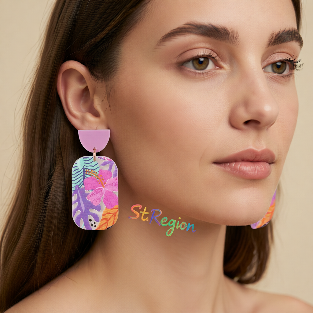 Purple Acrylic & 18K Gold-Plated Floral Rectangle Drop Earrings