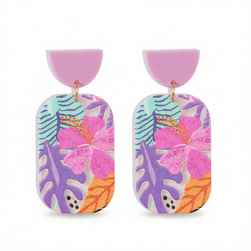 Purple Acrylic & 18K Gold-Plated Floral Rectangle Drop Earrings