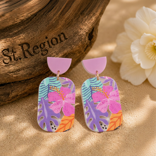 Purple Acrylic & 18K Gold-Plated Floral Rectangle Drop Earrings