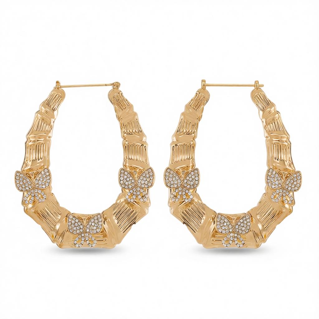 Cubic Zirconia and 18K Gold-Plated Butterfly Bamboo Huggie Earrings, gold huggie earrings, vintage-inspired design, side view