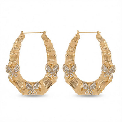 Cubic Zirconia and 18K Gold-Plated Butterfly Bamboo Huggie Earrings, gold huggie earrings, vintage-inspired design, side view