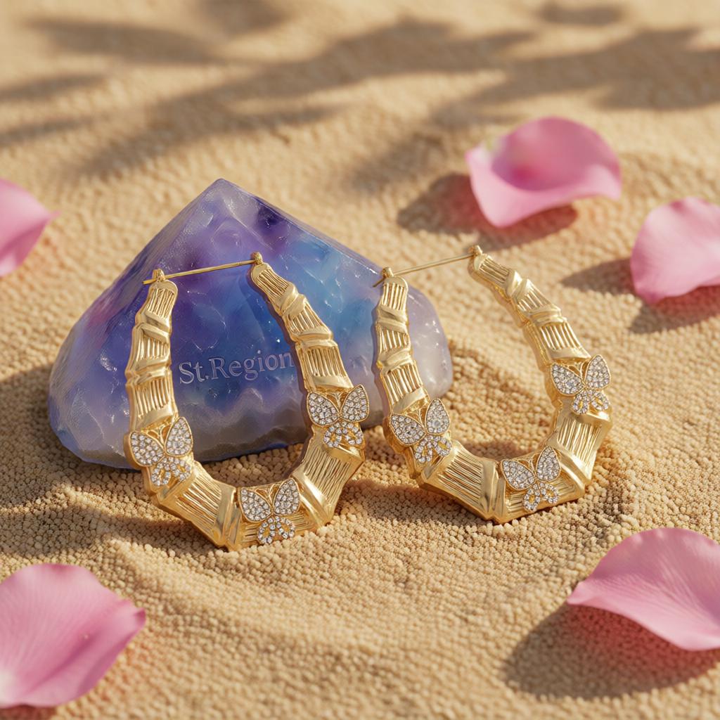 Cubic Zirconia and 18K Gold-Plated Butterfly Bamboo Huggie Earrings, gold huggie earrings, detail close-up