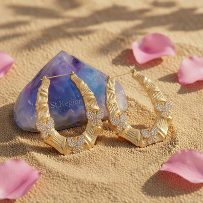 Cubic Zirconia and 18K Gold-Plated Butterfly Bamboo Huggie Earrings, gold huggie earrings, detail close-up