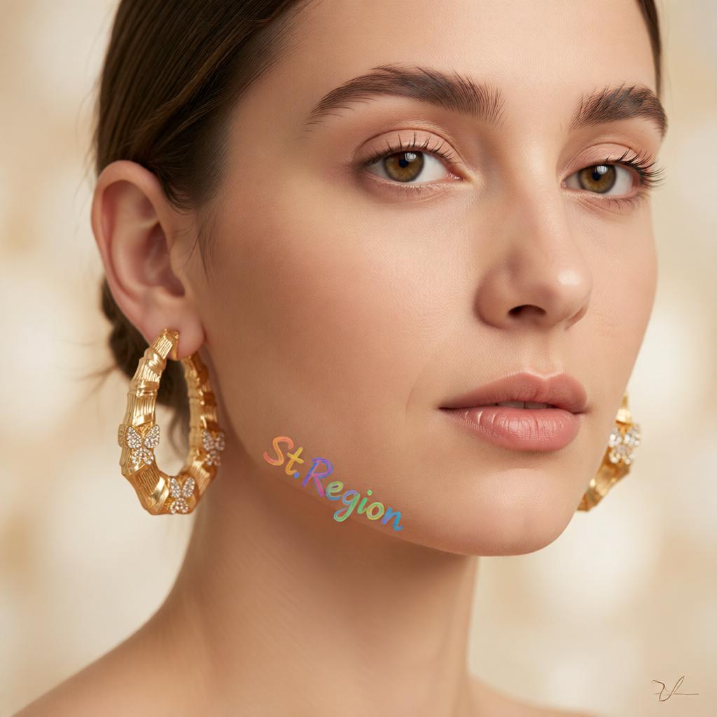 Cubic Zirconia and 18K Gold-Plated Butterfly Bamboo Huggie Earrings, gold huggie earrings, styled look