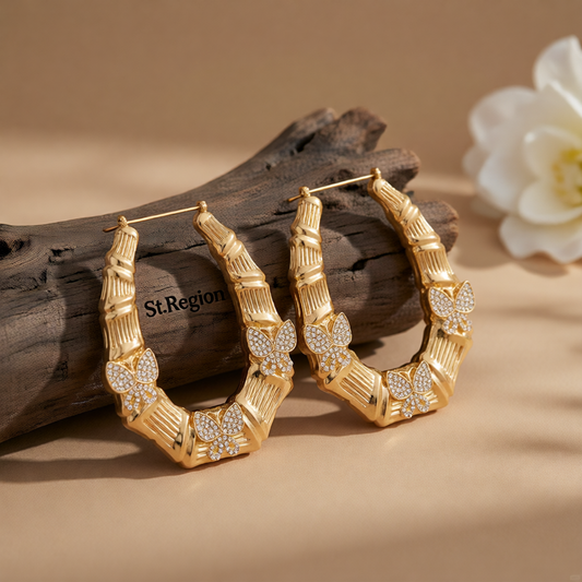 Cubic Zirconia & 18K Gold-Plated Butterfly Bamboo Huggie Earrings