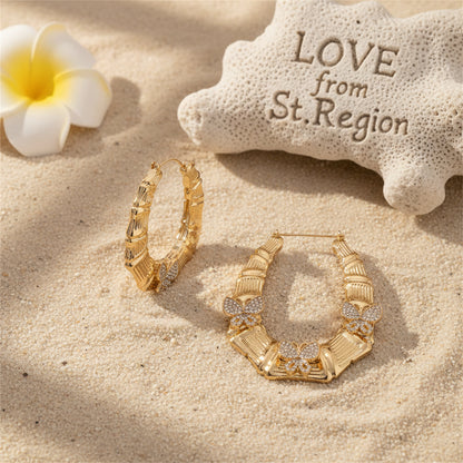 Cubic Zirconia & 18K Gold-Plated Butterfly Bamboo Huggie Earrings