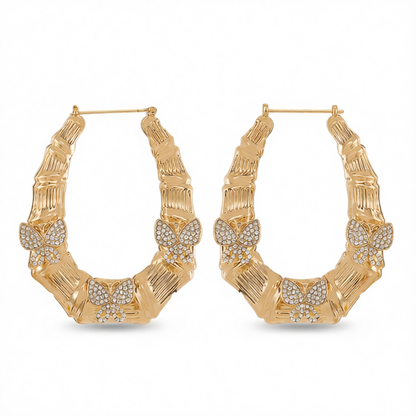 Cubic Zirconia & 18K Gold-Plated Butterfly Bamboo Huggie Earrings