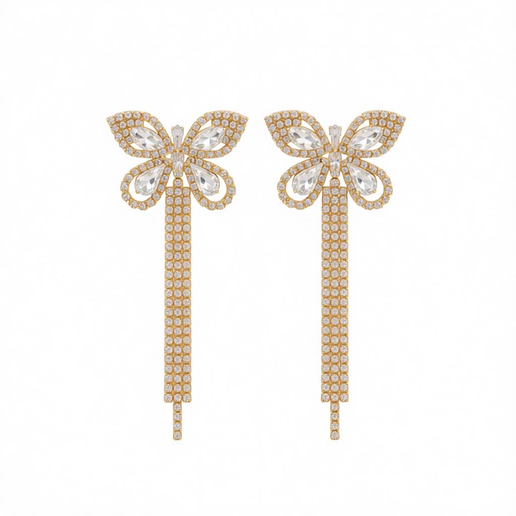 Clear Crystal and Cubic Zirconia 18K Gold-Plated Butterfly Drop Earrings, gold drop earrings for women, side view