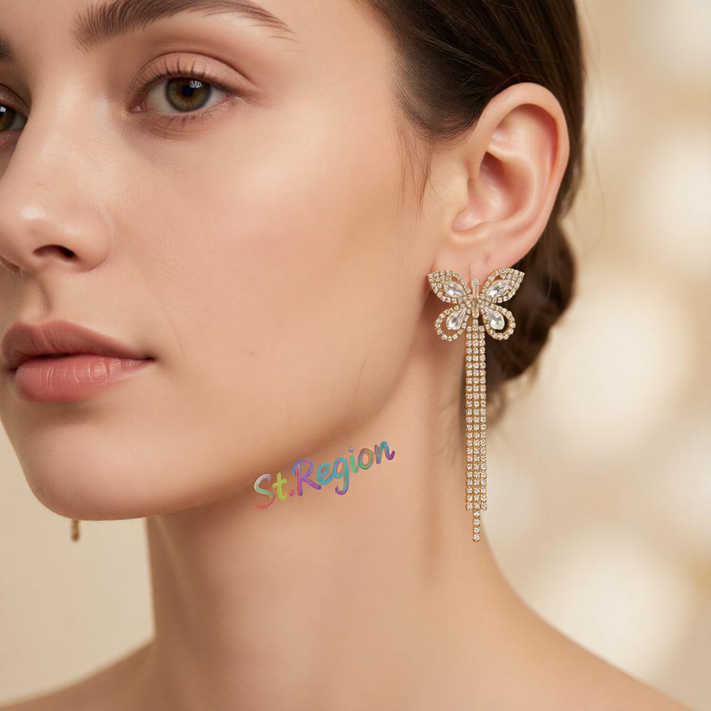 Clear Crystal and Cubic Zirconia 18K Gold-Plated Butterfly Drop Earrings, gold drop earrings for women, styled look