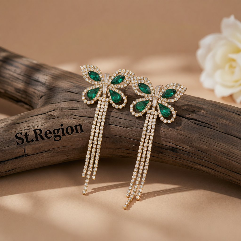 Green Crystal & Cubic Zirconia 18K Gold-Plated Butterfly Tassel Drop Earrings