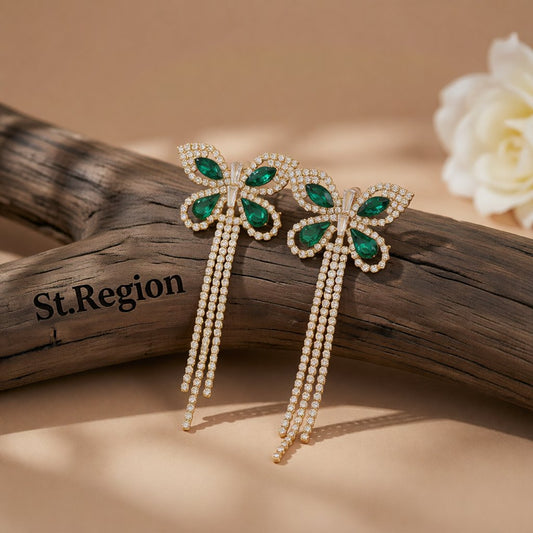 Green Crystal & Cubic Zirconia 18K Gold-Plated Butterfly Tassel Drop Earrings